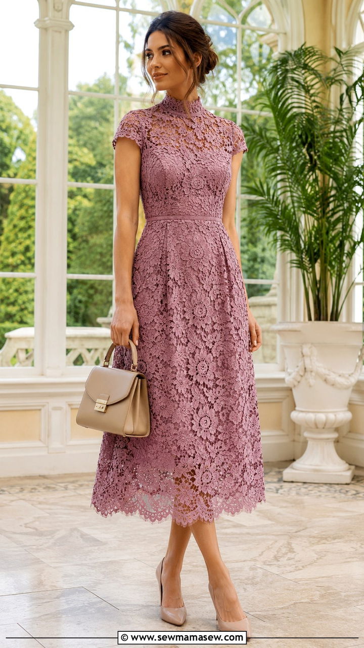 Mauve Lace Midi Dress With Nude Pumps - 20 Wedding guest outfit ideas mauve dress