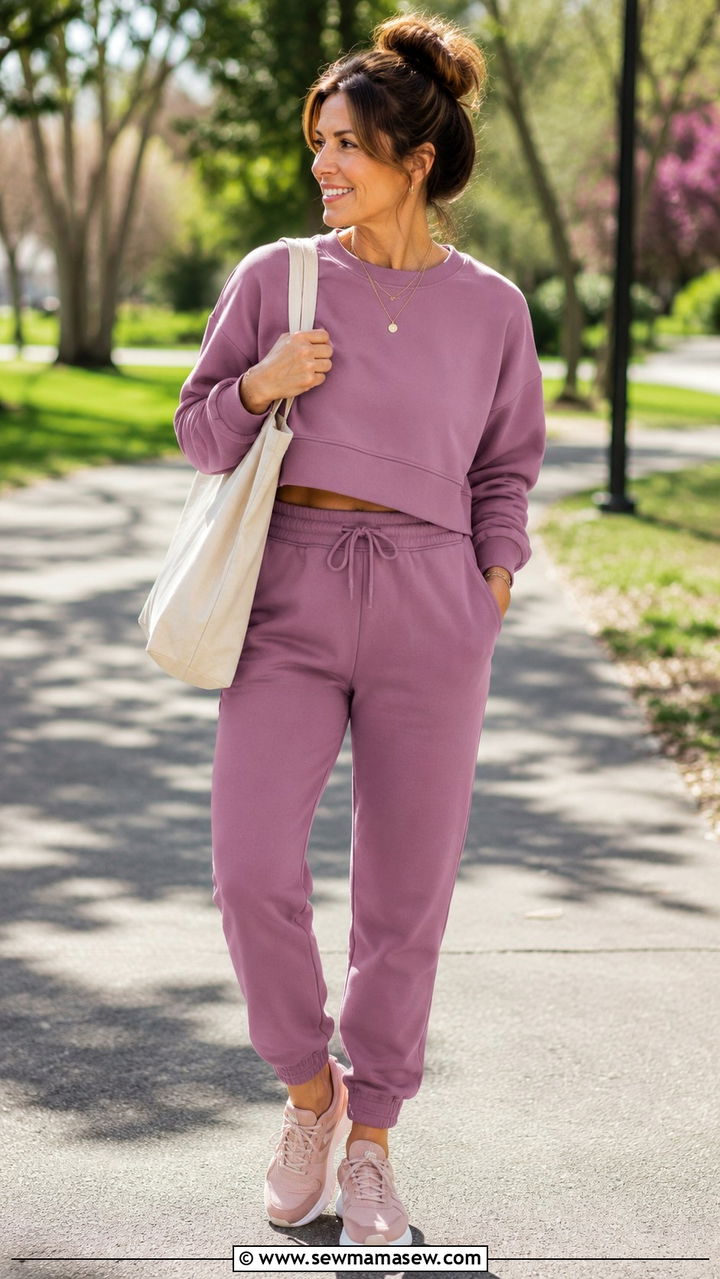 Mauve Matching Set With Cropped Sweatshirt Outfit - 30 Outfit ideas for women over 40 athleisure