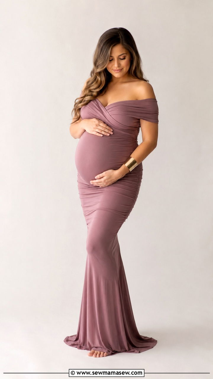 Mauve Off the Shoulder Bodycon Gown - 30 Spring maternity photo outfits