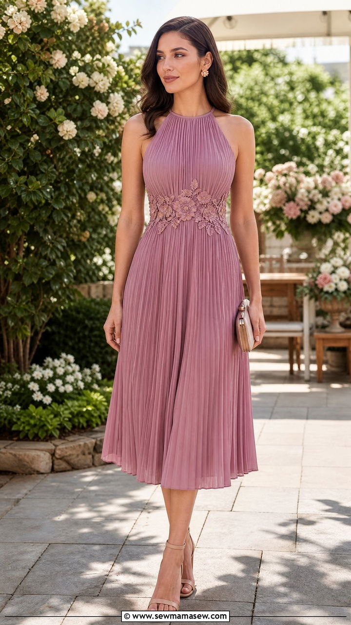 Mauve Pleated Midi Dress With Floral Applique Waist - 30 classy spring wedding guest outfit ideas