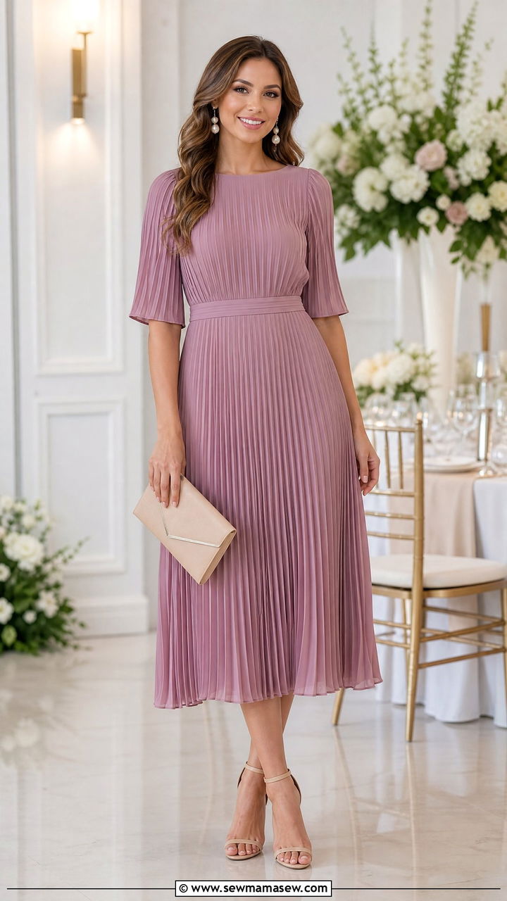 Mauve Pleated Midi Dress with Nude Heels - 25 modest bridal shower outfit ideas