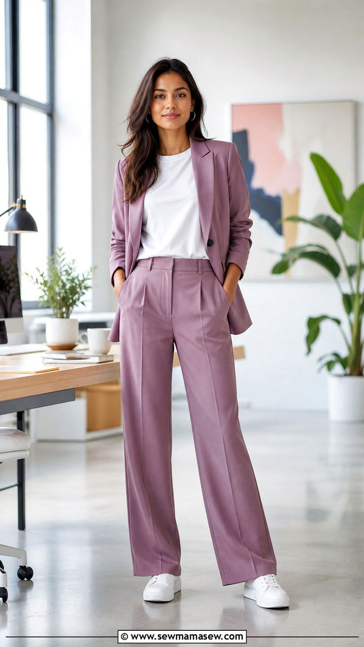 Mauve Suit Set with White Sneakers - 40 Purple outfit ideas