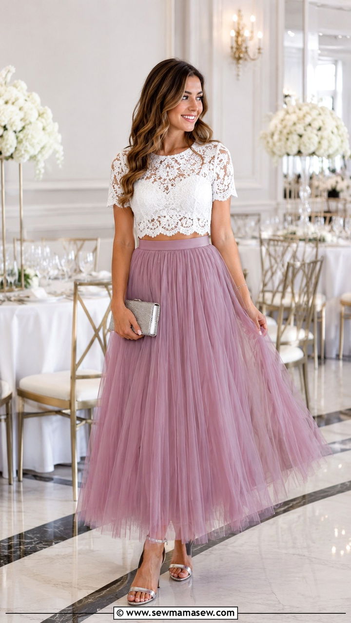 Mauve Tulle Skirt With Lace Crop Top - 20 Wedding guest outfit ideas mauve dress