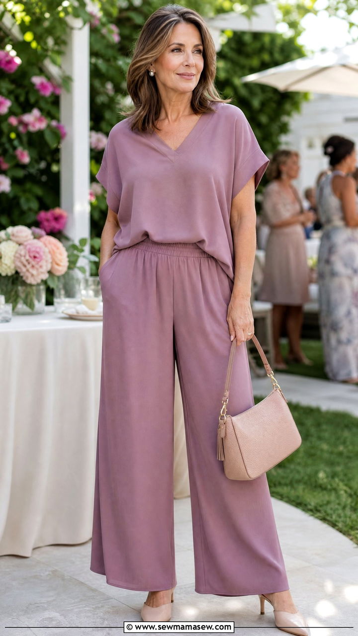 Mauve Wide Leg Pant Set With Pointed Mules - 30 Matching set outfit ideas for women over 40