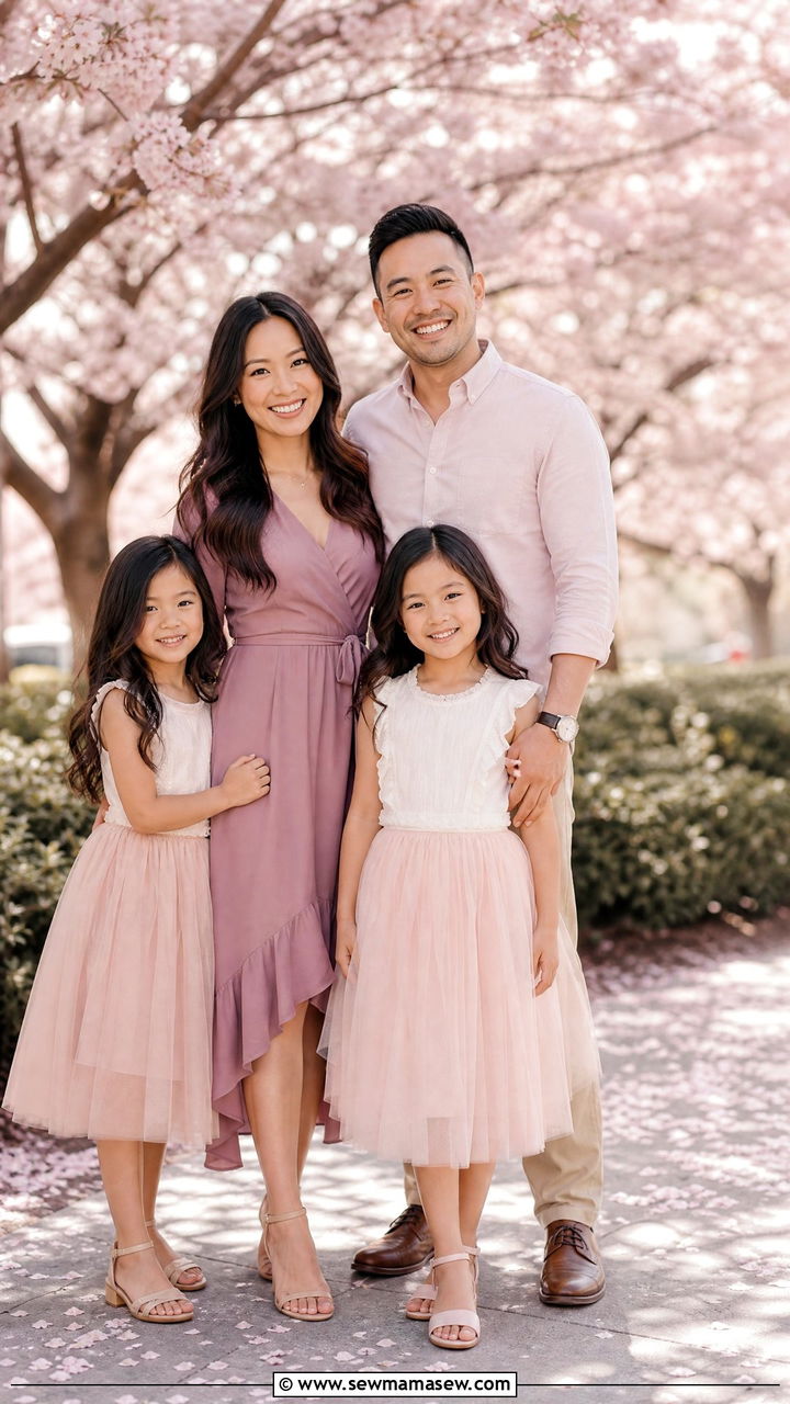 Mauve and Blush Coordinated Looks for Spring Blossom Photos - 30 Family photoshoot outfit ideas