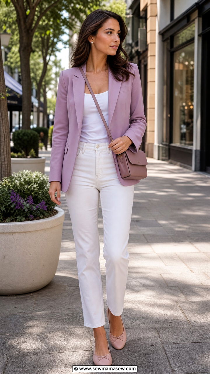 Mauve blazer with white jeans and nude flats - 25 Mauve outfit ideas