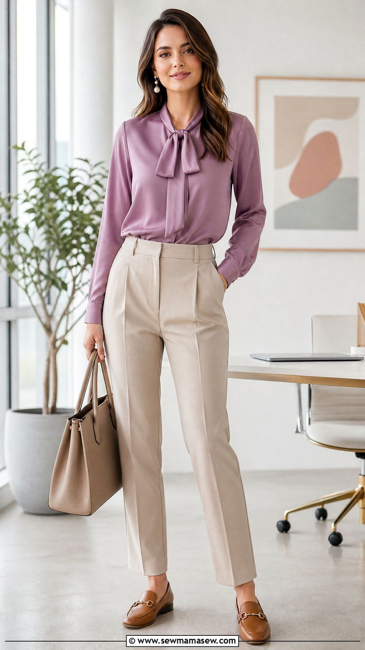 Mauve blouse with beige tailored trousers - 25 Mauve outfit ideas