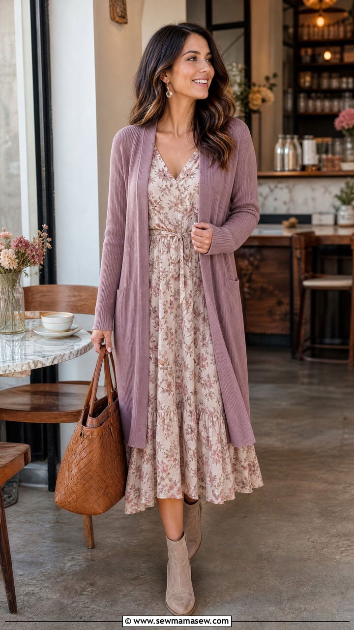 Mauve cardigan with floral midi dress - 25 Mauve outfit ideas