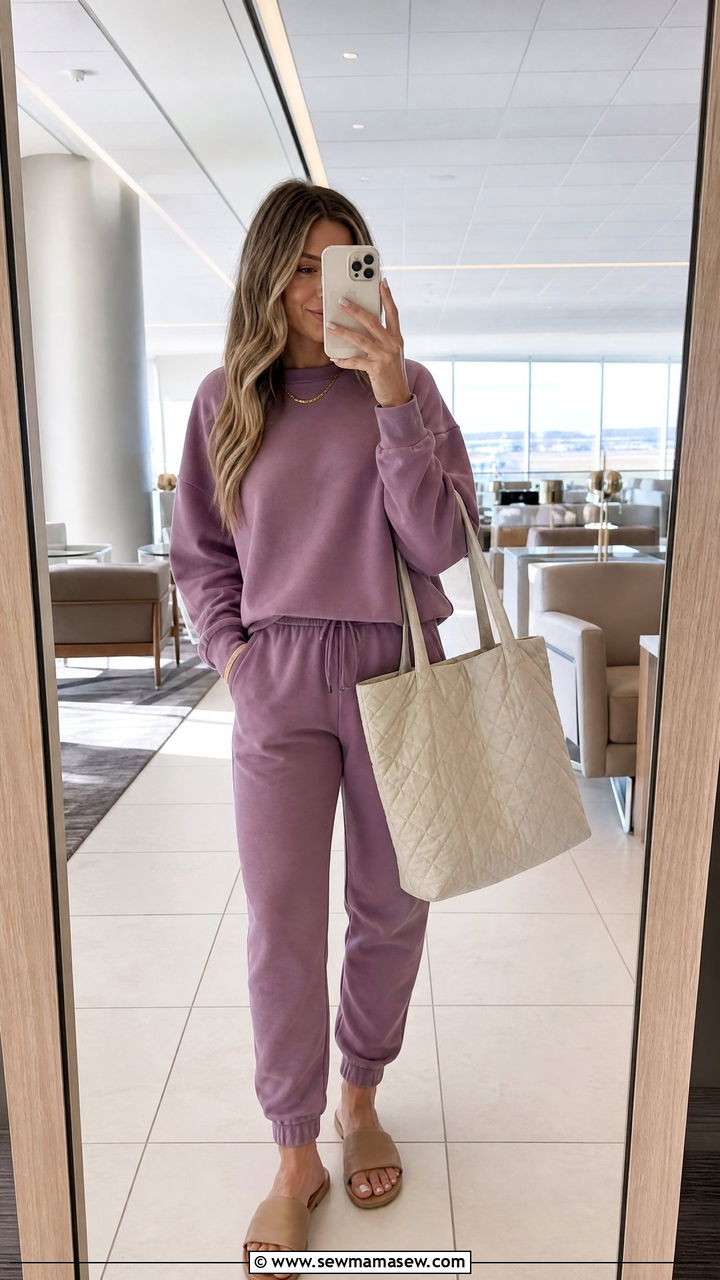 Mauve co ord lounge set with slide sandals - 25 Mauve outfit ideas