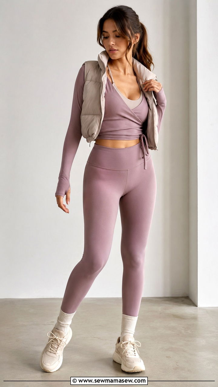 Mauve long sleeve wrap top and leggings - 25 Pilates girl outfit ideas