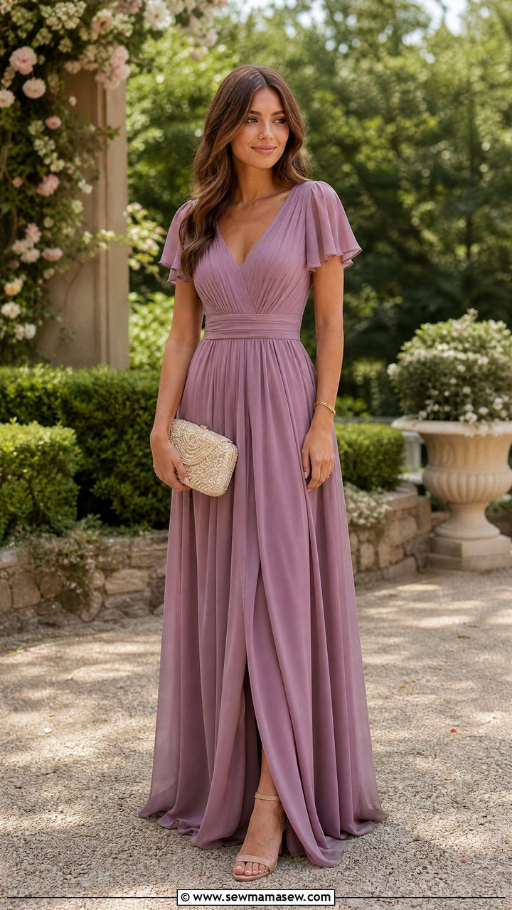 Mauve maxi dress with nude heeled sandals - 25 Mauve outfit ideas