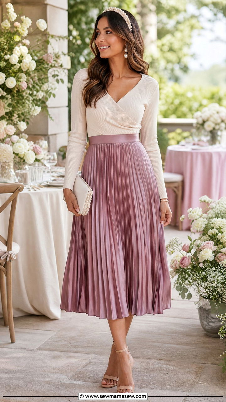 Mauve midi skirt with cream knit top - 25 Mauve outfit ideas