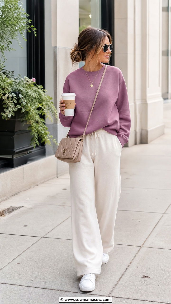 Mauve sweatshirt with cream wide leg joggers - 25 Mauve outfit ideas