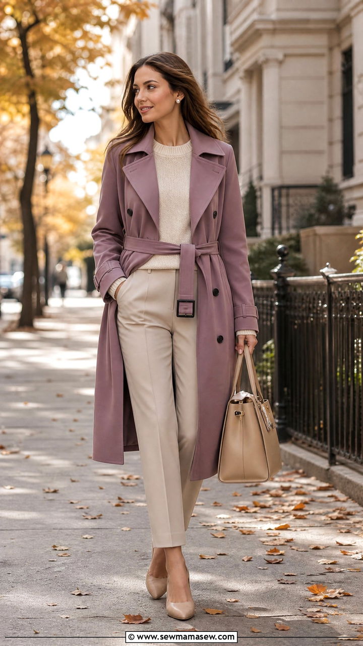 Mauve trench coat with beige trousers and cream sweater - 25 Mauve outfit ideas