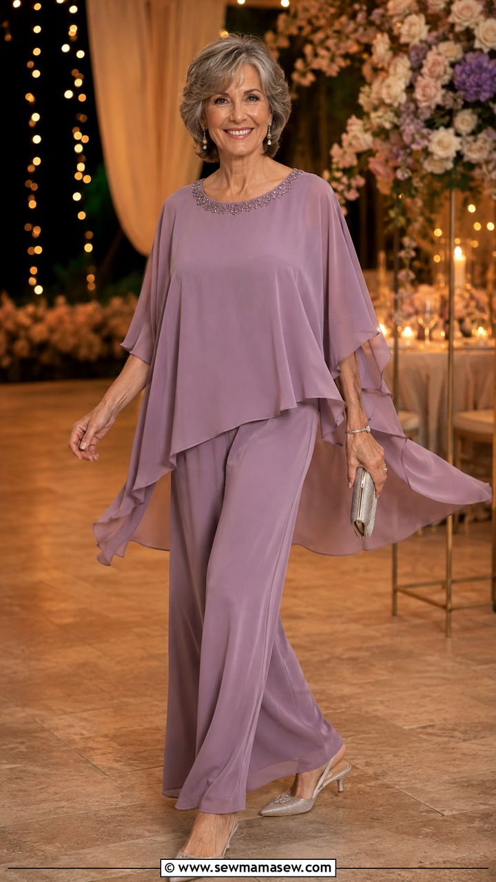 Mauve two piece chiffon set with kitten heels - 25 Wedding guest outfit ideas for 60 year old