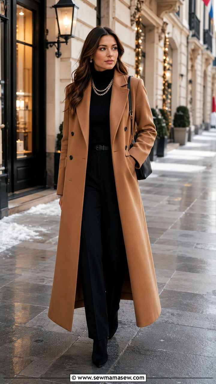 Max Mara Camel Coat Over an All Black Base - 20 Quiet luxury outfit ideas Succession Shiv