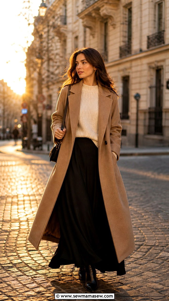 Maxi Camel Coat With Black Maxi Skirt and Knit Sweater - 40 Maxi coat outfit ideas
