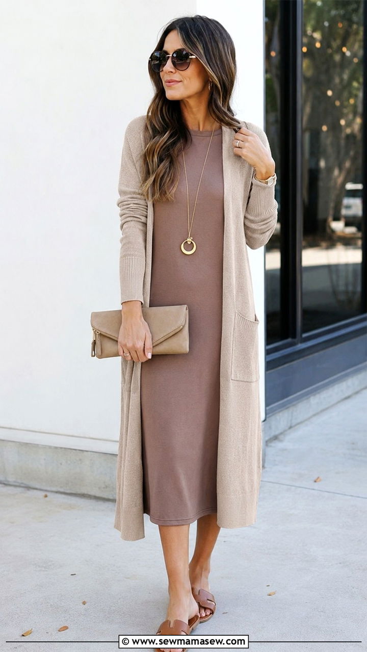 Maxi Cardigan over Midi Dress - 30 Midi dress with cardigan outfit ideas