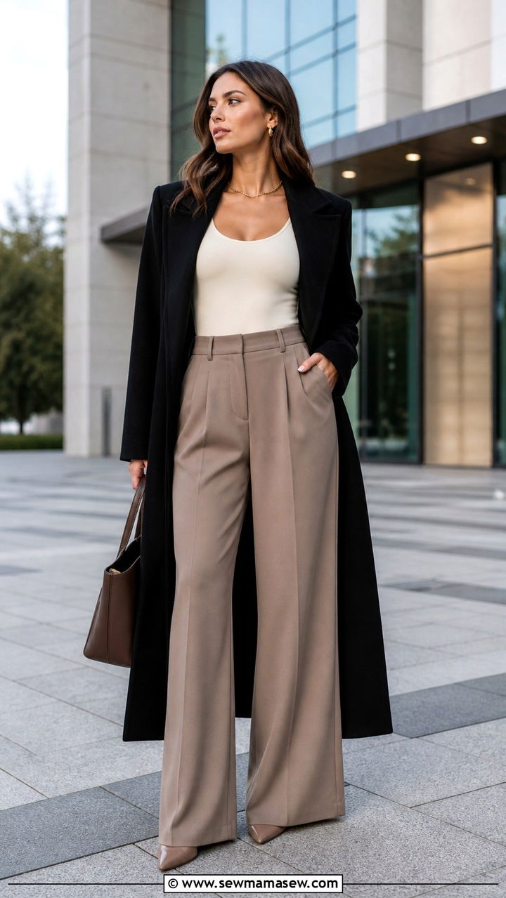 Maxi Coat With Bodysuit and Wide Leg Tailored Trousers - 40 Maxi coat outfit ideas