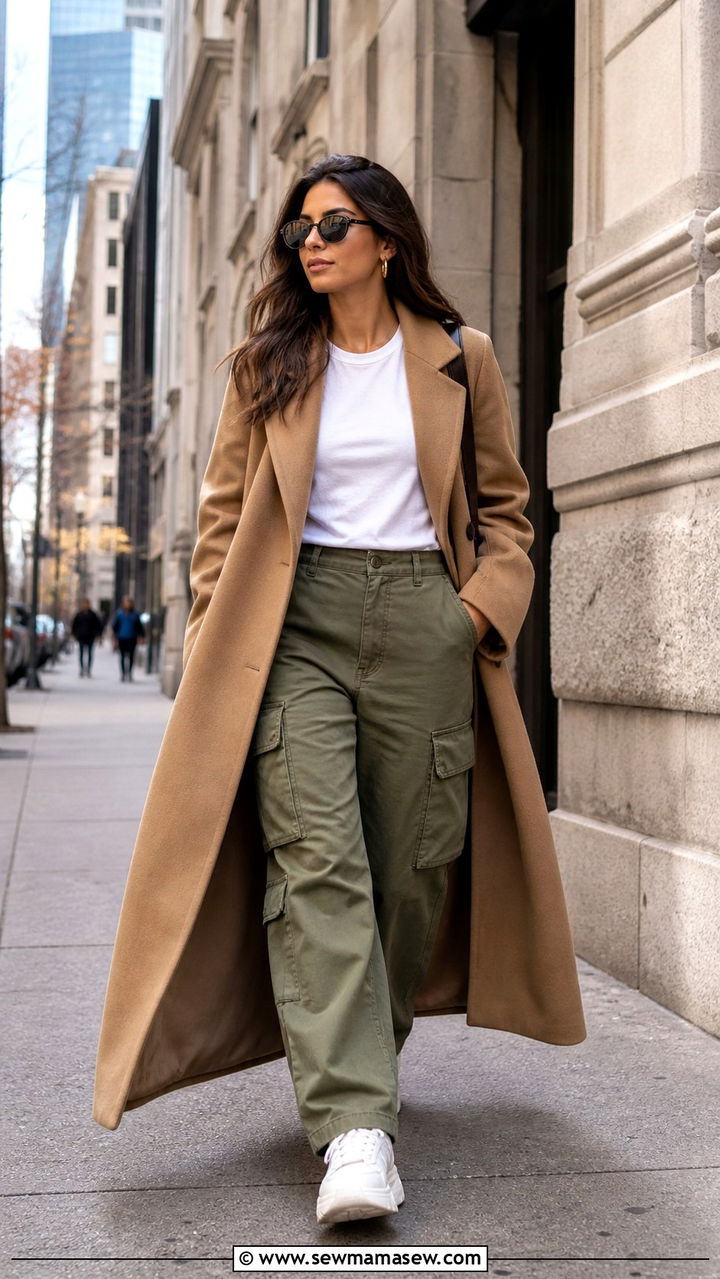 Maxi Coat With Cargo Pants and Chunky Sneakers - 40 Maxi coat outfit ideas