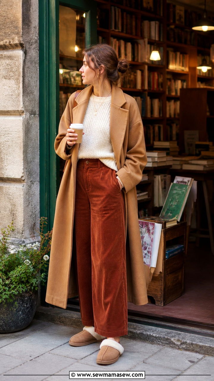 Maxi Coat With Corduroy Pants and Shearling Mules - 40 Maxi coat outfit ideas