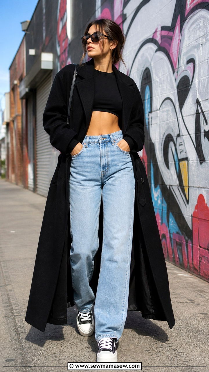 Maxi Coat With Crop Top and High Waist Straight Jeans - 40 Maxi coat outfit ideas