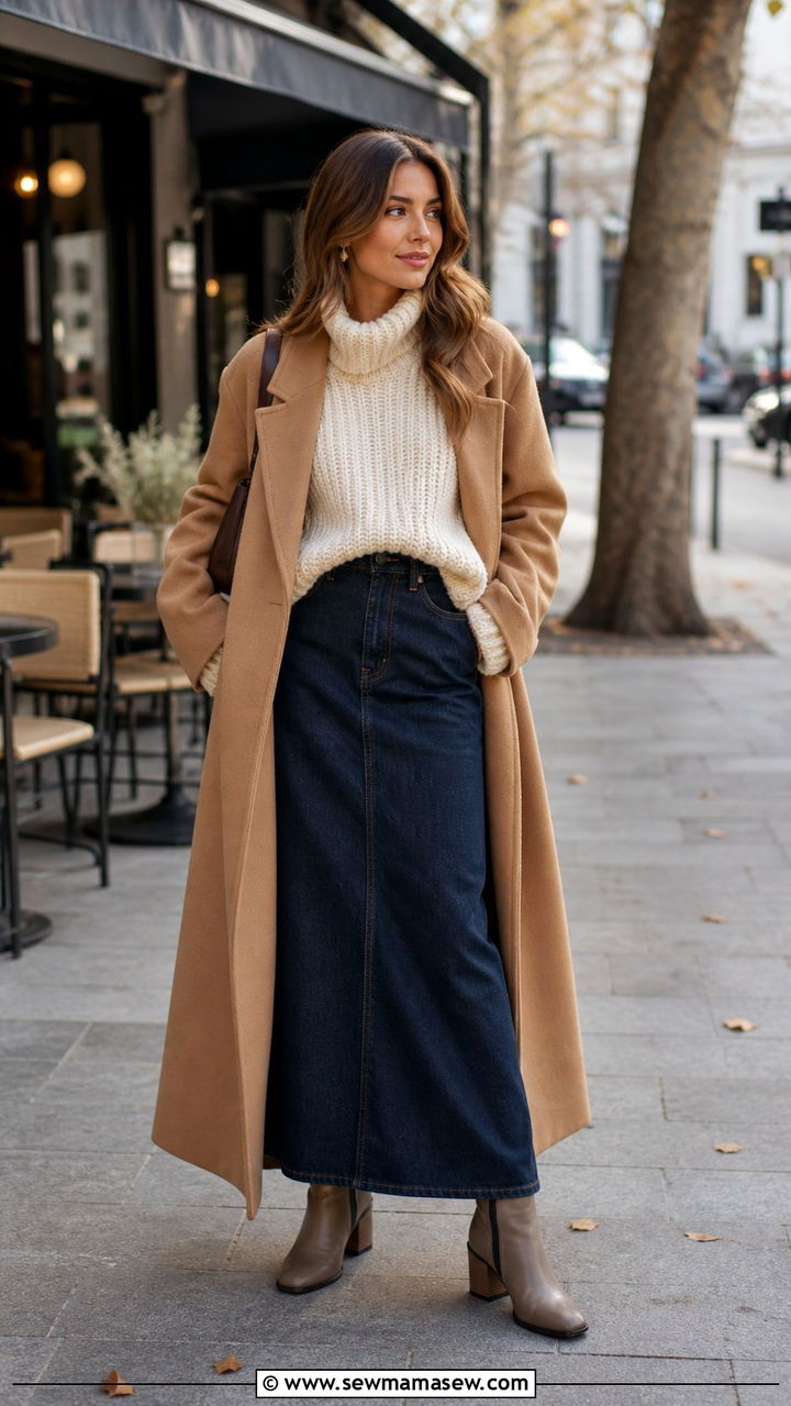 Maxi Coat With Denim Maxi Skirt and Chunky Knit - 40 Maxi coat outfit ideas
