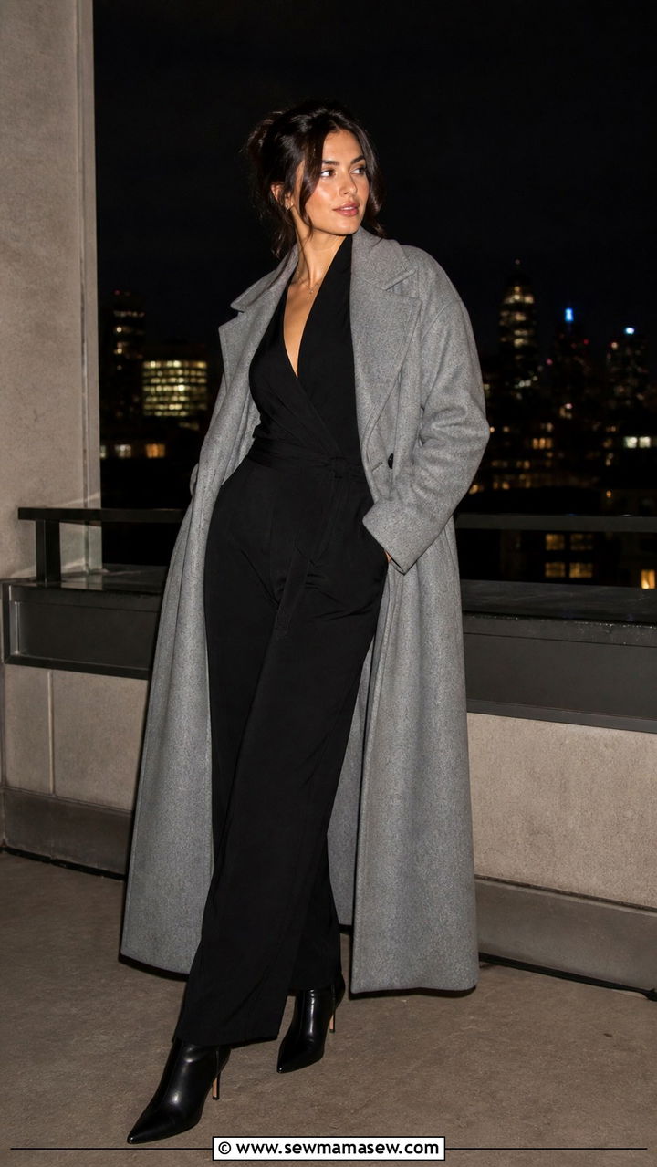 Maxi Coat With Jumpsuit and Pointed Toe Boots - 40 Maxi coat outfit ideas