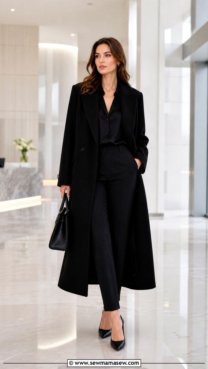 Maxi Coat With Pointed Toe Heels and Slim Trousers - 40 Maxi coat outfit ideas
