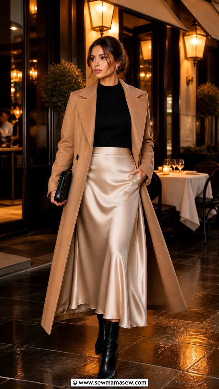 Maxi Coat With Satin Midi Skirt and Heeled Ankle Boots - 40 Maxi coat outfit ideas