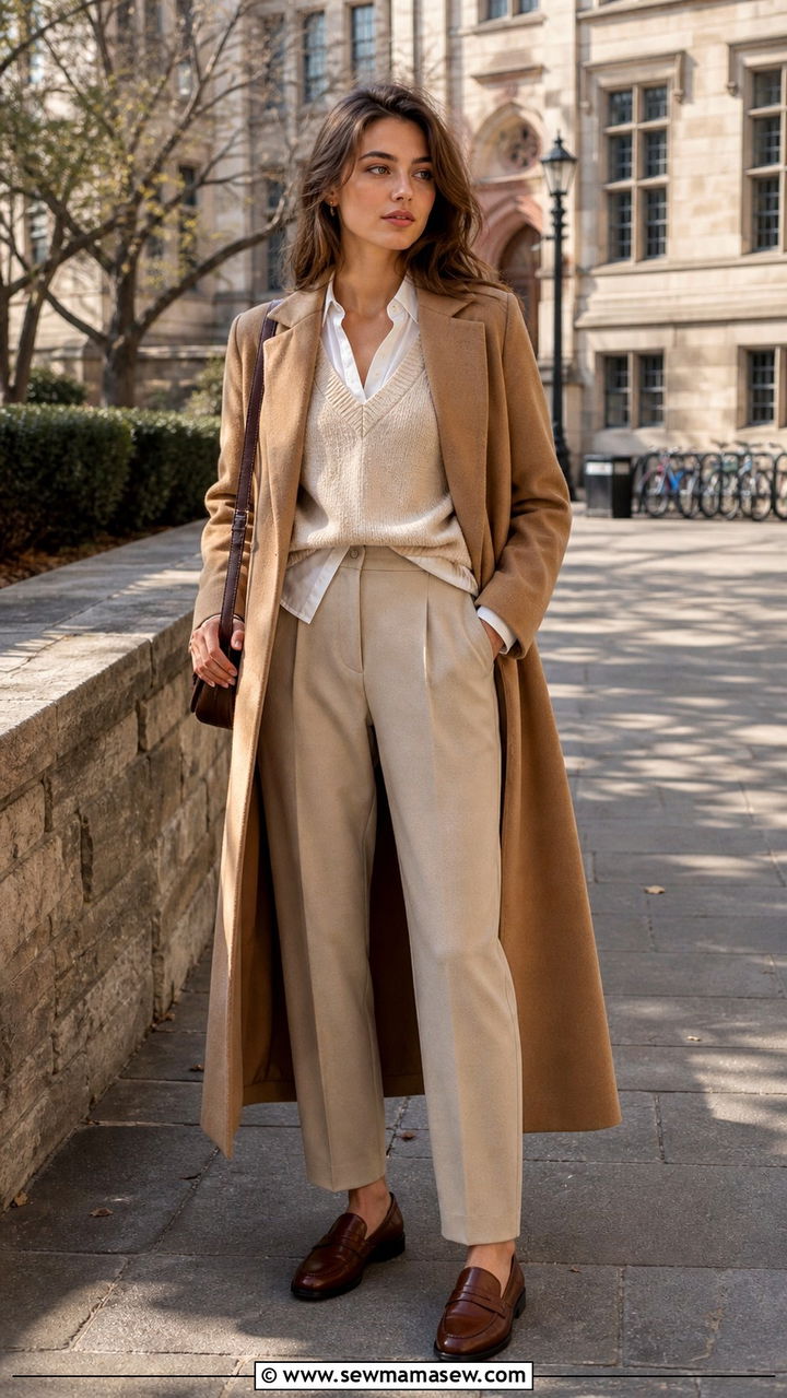 Maxi Coat With Sweater Vest and Tailored Trousers - 40 Maxi coat outfit ideas