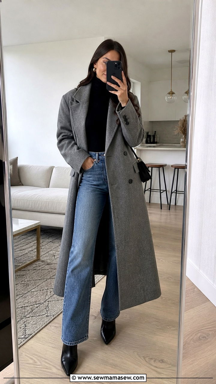 Maxi Coat With Turtleneck and Straight Leg Jeans - 40 Maxi coat outfit ideas