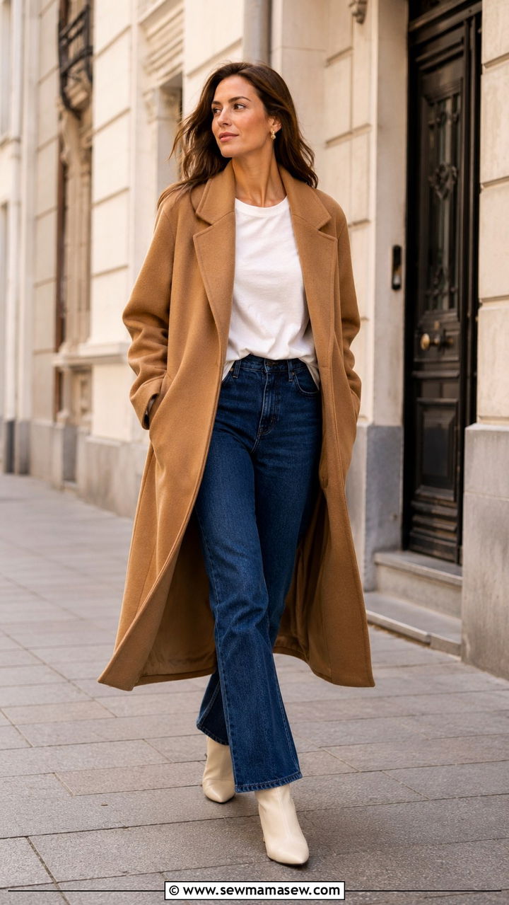 Maxi Coat With White Tee And Ankle Boots - 30 casual scandinavian outfits