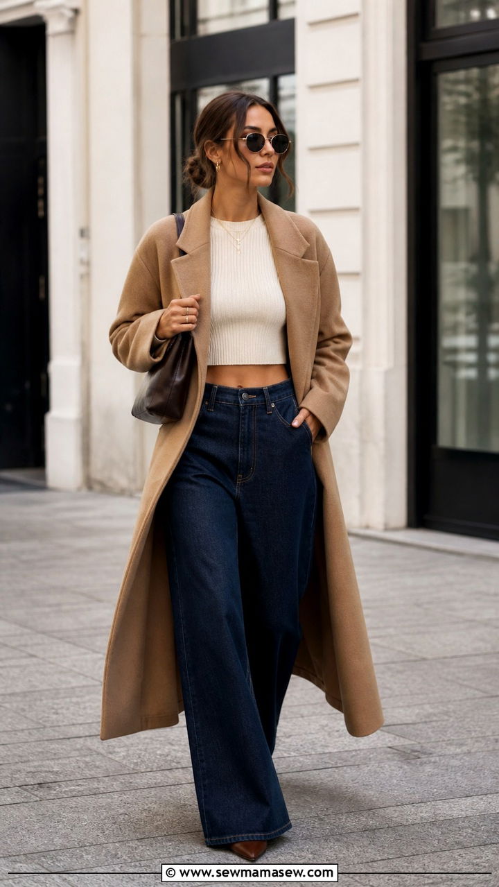 Maxi Coat With Wide Leg Denim and Cropped Knit - 40 Maxi coat outfit ideas