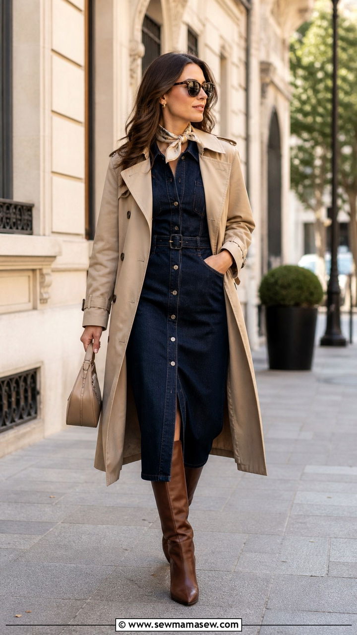 Maxi Denim Dress With Western Belt - 40 Denim dress outfit ideas