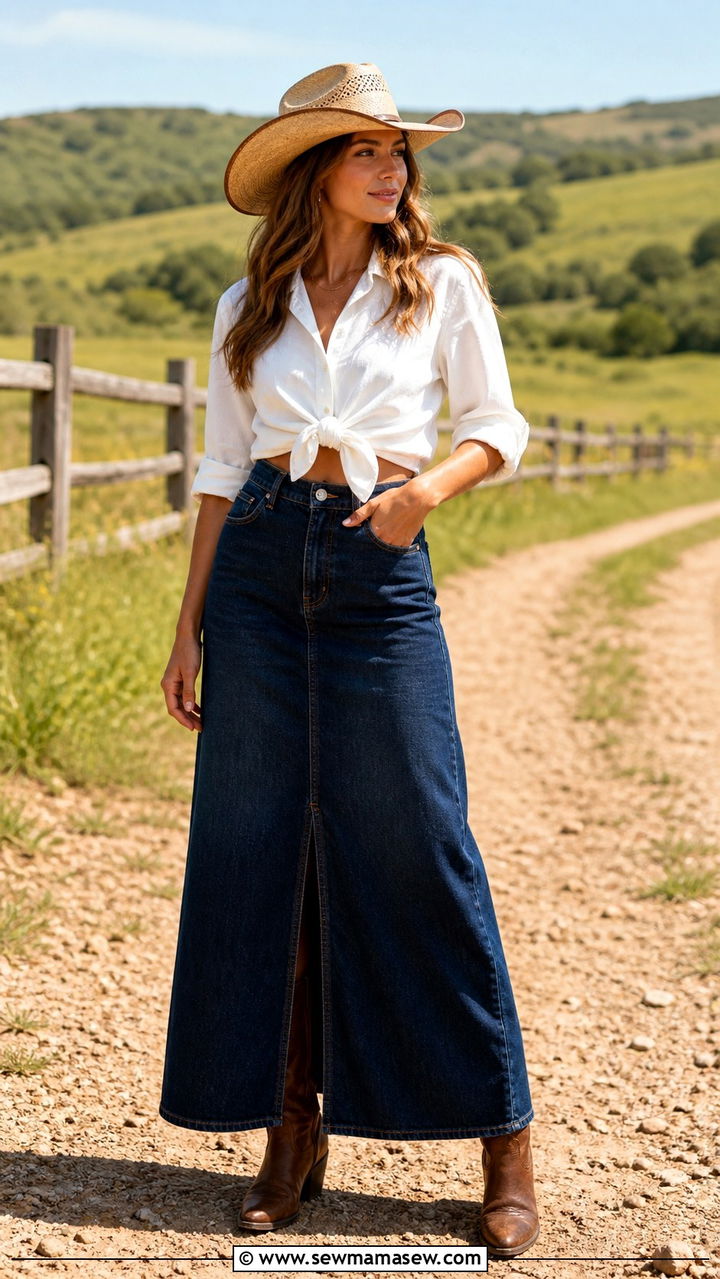 Maxi Denim Skirt With White Shirt And Boots - 40 Beyonce Cowboy Carter outfit ideas