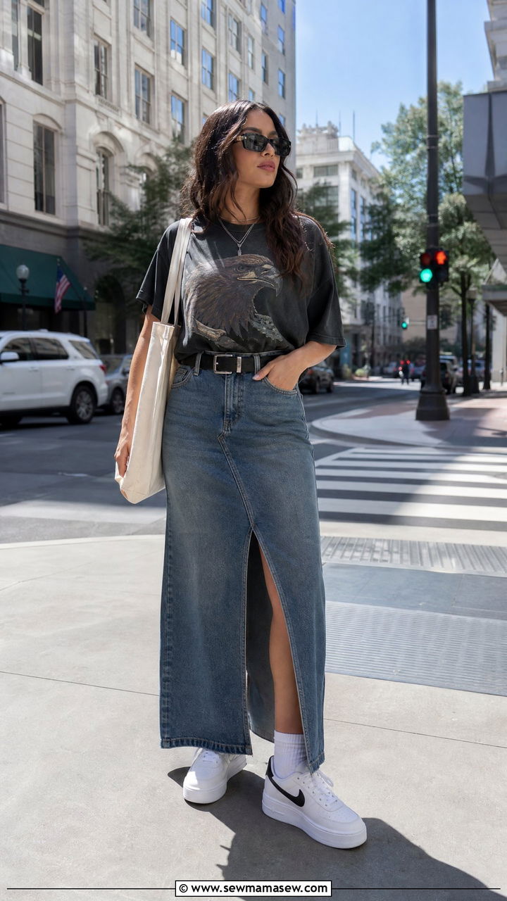 Maxi Denim Skirt with Graphic Tee and Platform Sneakers - 30 streetwear outfits to copy