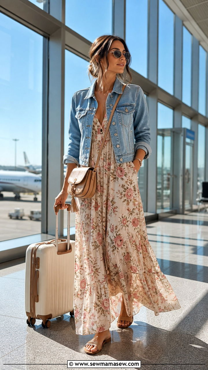 Maxi Dress And Denim Jacket Airport Look - 40 Spring airport outfits