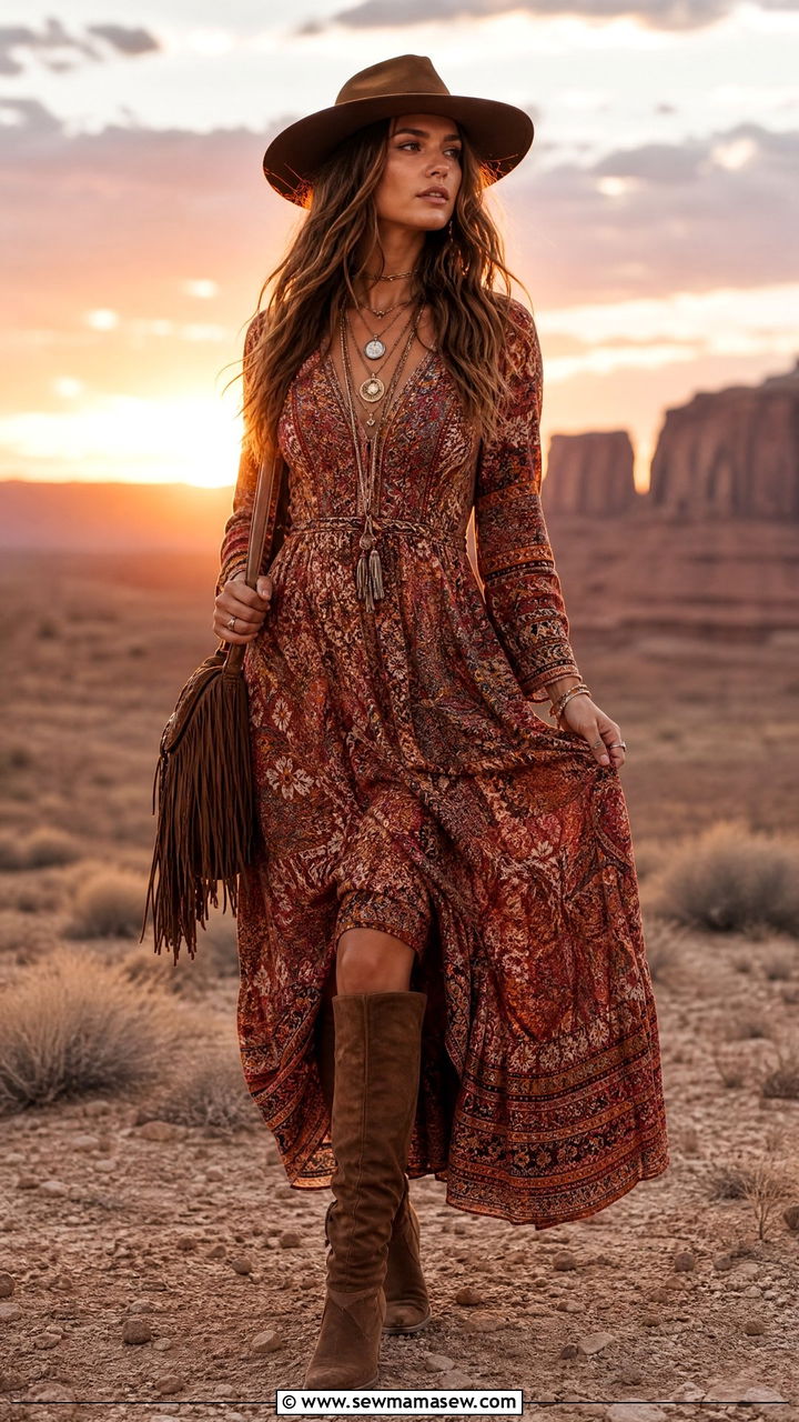 Maxi Dress And Riding Boots Bohemian Outfit - 25 Summer outfits with riding boots