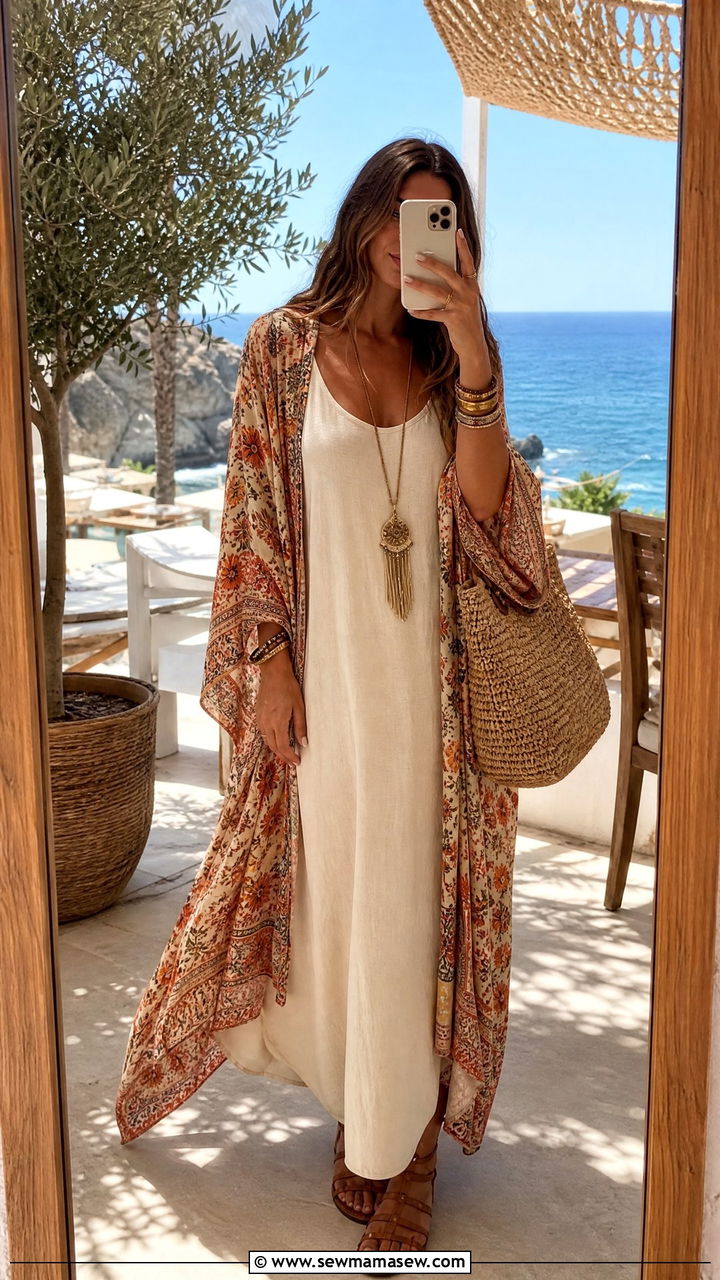 Maxi Dress Brunch Outfit With Kimono Layer - 25 Brunch outfit ideas with a maxi dress