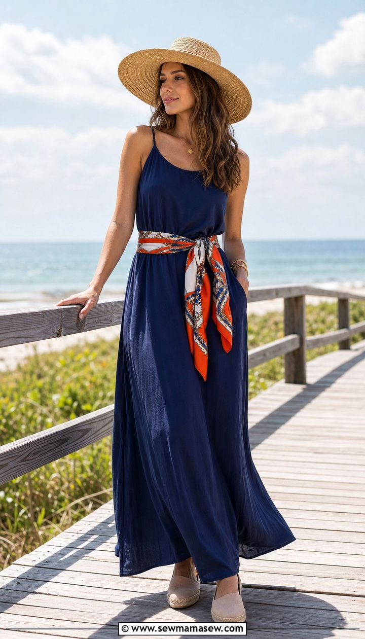 Maxi Dress Defined With A Silk Scarf At The Waist - 25 Silk scarf as a belt outfit ideas