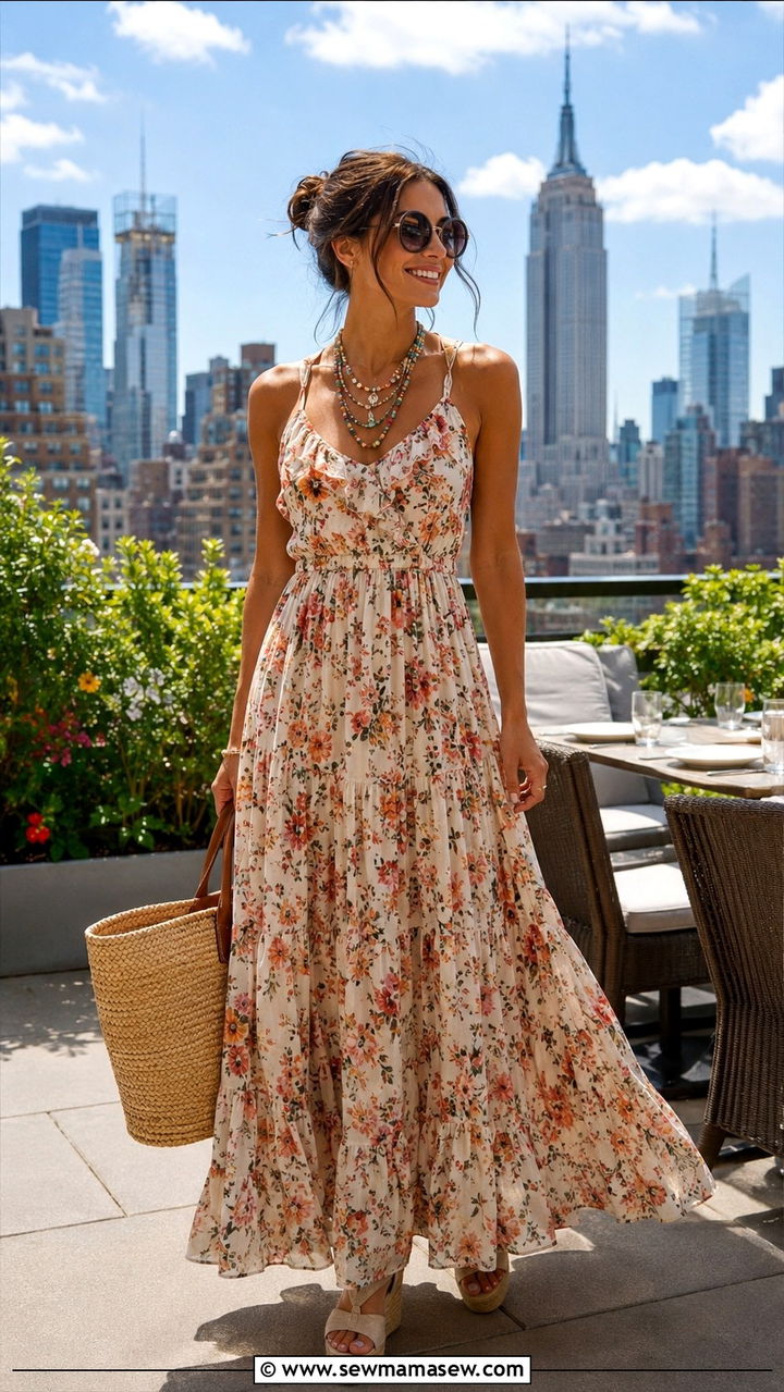 Maxi Dress Espadrille Wedges Straw Tote - 30 NYC brunch outfit ideas