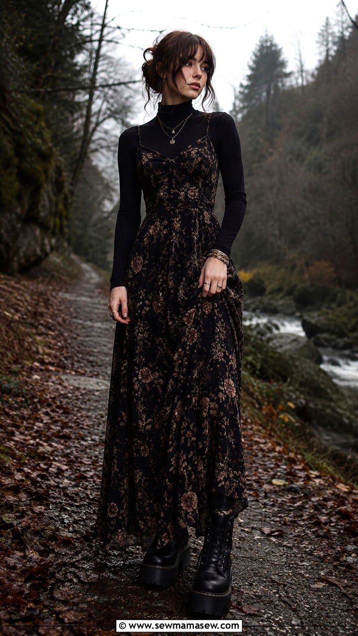 Maxi Dress Layered Over Long Sleeve With Chunky Boots - 30 grunge outfits aesthetic