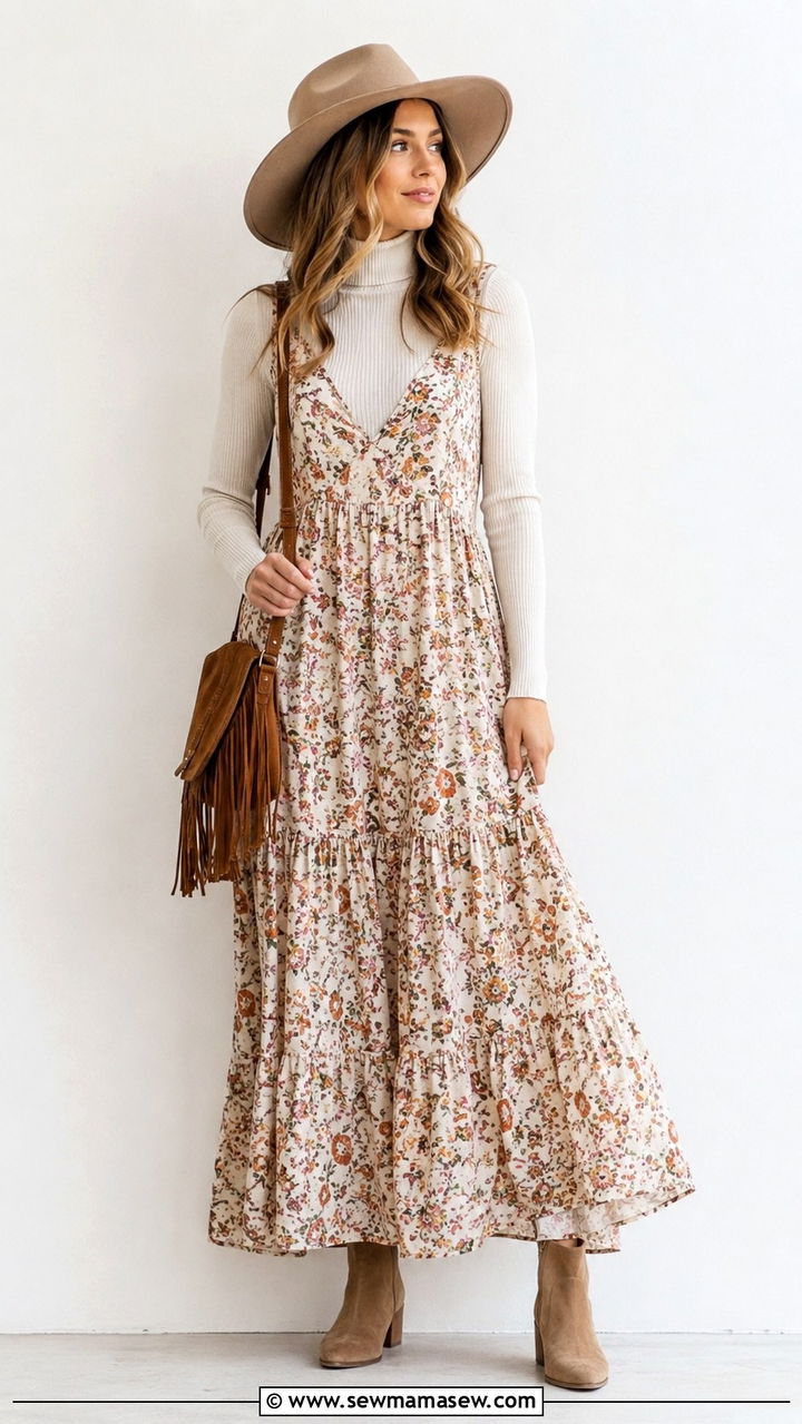 Maxi Dress Layered With Turtleneck And Wide Brim Hat - 25 Boho outfit ideas with wide brim hat