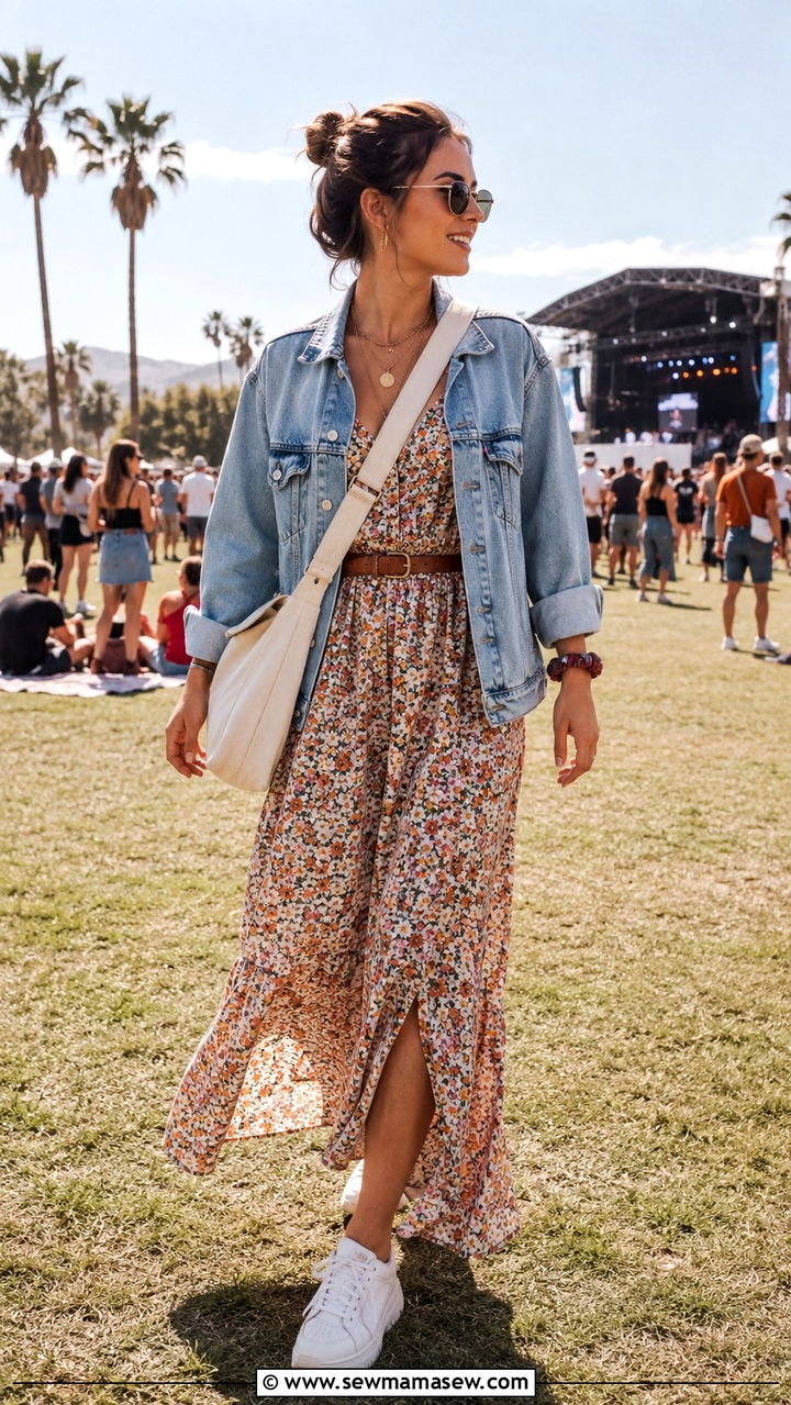 Maxi Dress With Belt And Denim Jacket - 30 Maxi dress with a belt outfit ideas