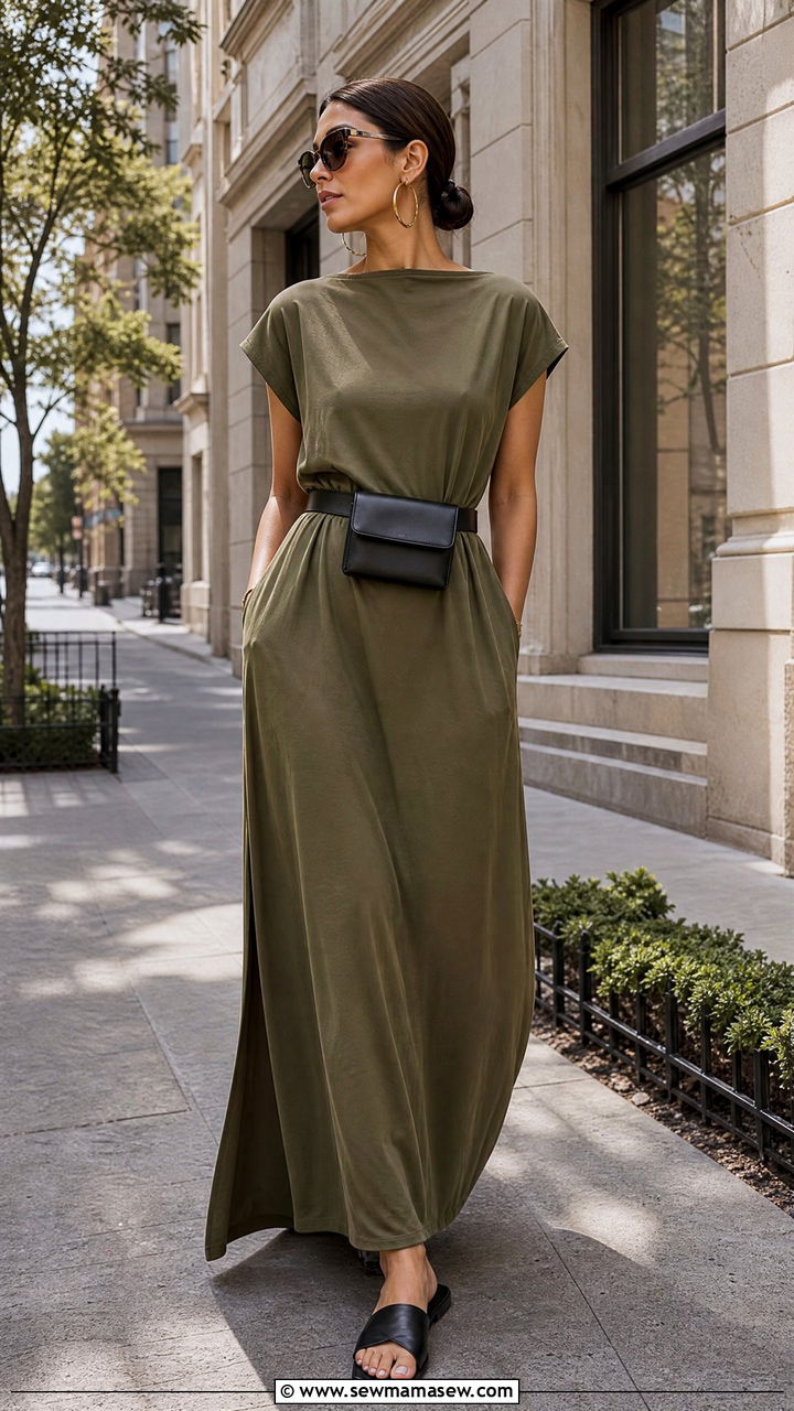 Maxi Dress With Belt Bag and Slide Sandals - 25 chic maxi dress outfit ideas