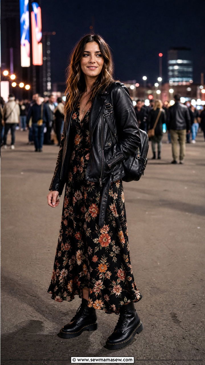 Maxi Dress With Biker Jacket And Chunky Boots - 35 maxi dress outfit ideas for women