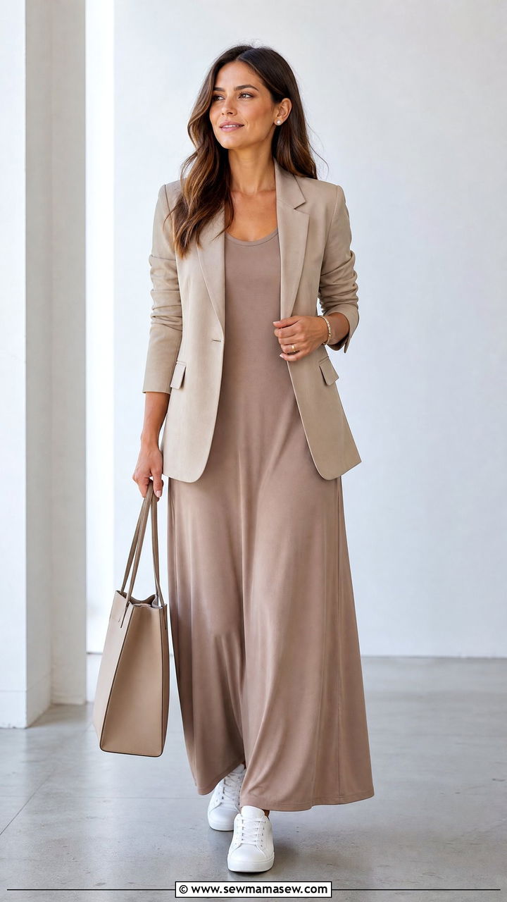 Maxi Dress With Blazer And Leather Sneakers - 30 Maxi dress outfit ideas with sneakers