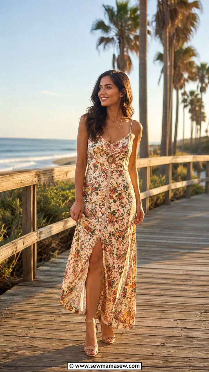 Maxi Dress With Center Seam and Heeled Sandals - 30 Petite outfit ideas to create a longer silhouette