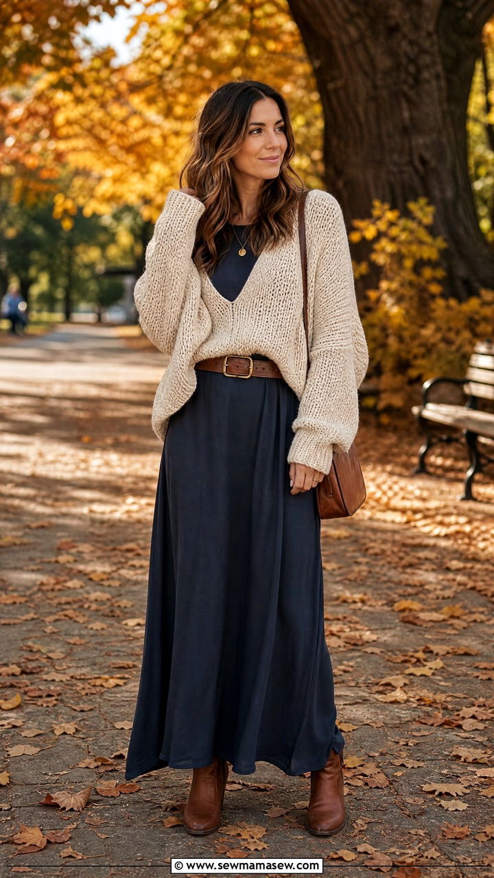 Maxi Dress With Chunky Knit Sweater Over Top - 35 maxi dress outfits for women